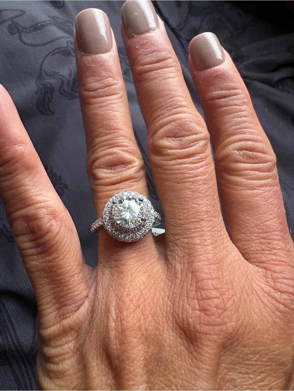 Silver Moissanite Halo Engagement Ring with light pink ring of stones, 6